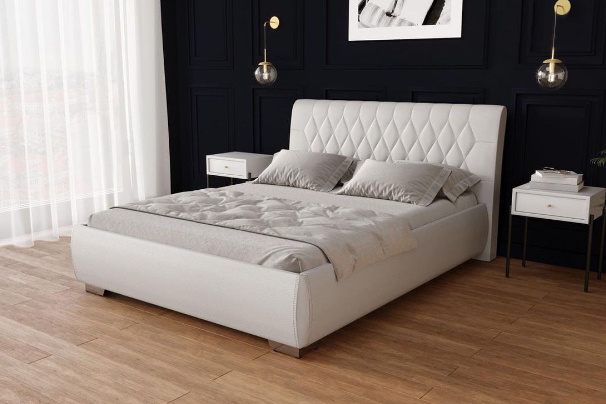 Łóżko białe z pikowanym zagłówkiem